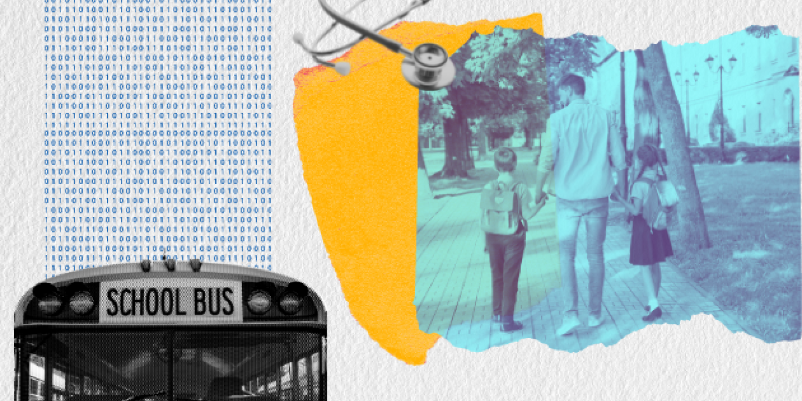 A collage of a school bus, a family walking, and a stethescope.