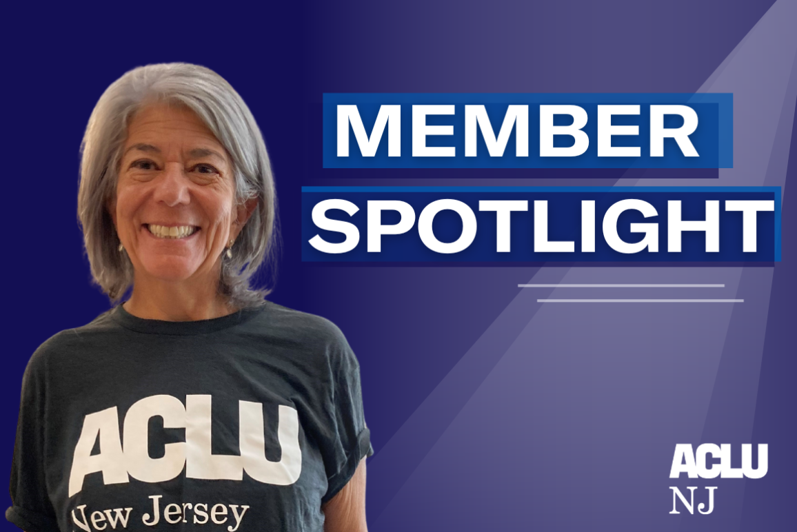 Women with grey hair in a grey Tshirt smiling against a dark blue background; includes the words "member spotlight"