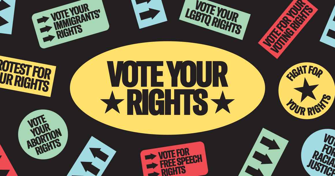 Vote Your Rights with stars, surrounding by types of rights like LGTBQ+, protest, abortion, voting, and more. 