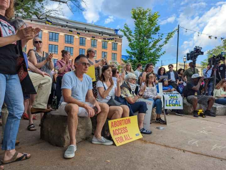 A crowd of people are gathered at a park, clapping and holding signs that read "Abortion Access for All"