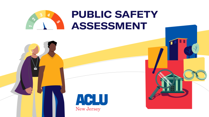 An illustrated collage of two people standing next to each other as they look at a horizon containing a smaller collection of images containing a court house, magnifying glass, a building, and handcuffs. The image also reads: Public Safety Assessment