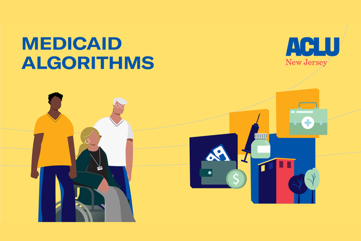 an illustration with a yellow background and text that reads: Medicaid Algorithms. A group of three people, including a person sitting down in a wheelchair is at the foreground. On the right, there is a collage of pills, syringe, and a medical toolbox.