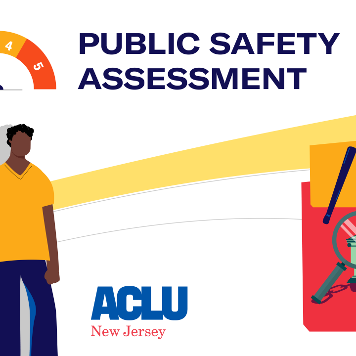 An illustrated collage of two people standing next to each other as they look at a horizon containing a smaller collection of images containing a court house, magnifying glass, a building, and handcuffs. The image also reads: Public Safety Assessment