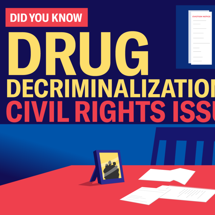 An illustration of a woman who is sitting at a table with scattered papers in front of her. She is resting her head in her hands, in distress. Large text is overlaid on the left side reading "Did you know: drug decriminalization is a civil rights issue?"