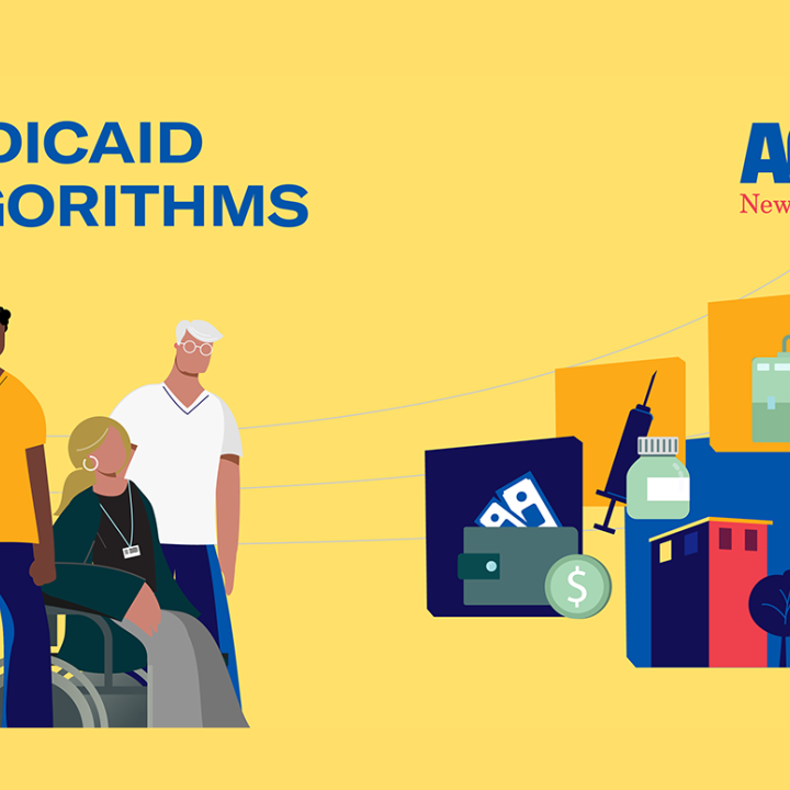 an illustration with a yellow background and text that reads: Medicaid Algorithms. A group of three people, including a person sitting down in a wheelchair is at the foreground. On the right, there is a collage of pills, syringe, and a medical toolbox.