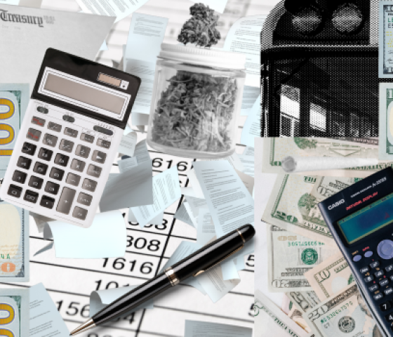 money, calculator and spreadsheets in a collage